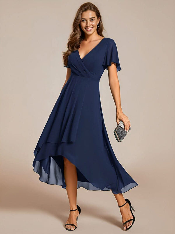ever LARK|Pleated Chiffon Ruffles Sleeve Midi Bridesmaid Dress