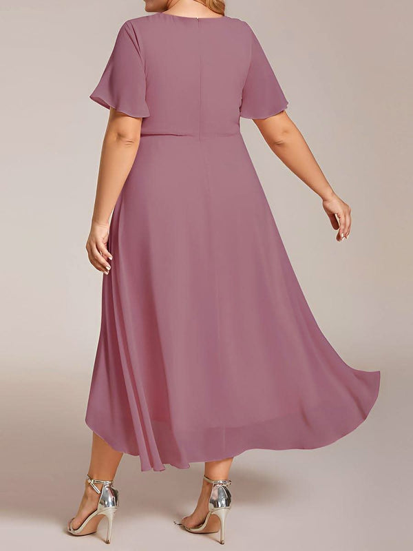 ever LARK|Pleated Chiffon Ruffles Sleeve Midi Bridesmaid Dress