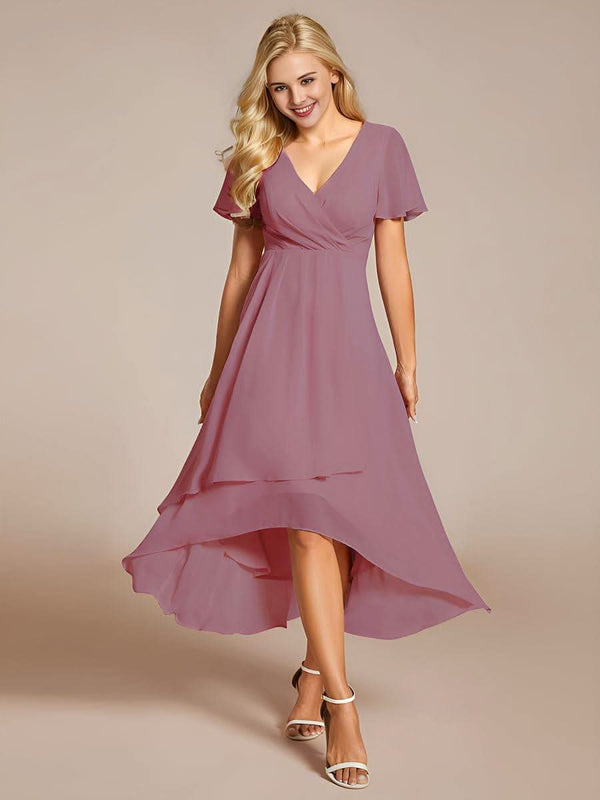 ever LARK|Pleated Chiffon Ruffles Sleeve Midi Bridesmaid Dress