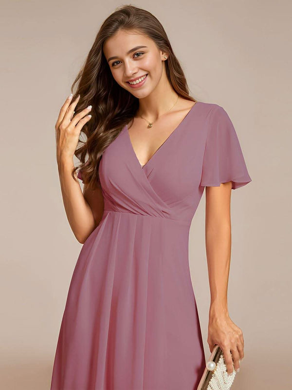 ever LARK|Pleated Chiffon Ruffles Sleeve Midi Bridesmaid Dress