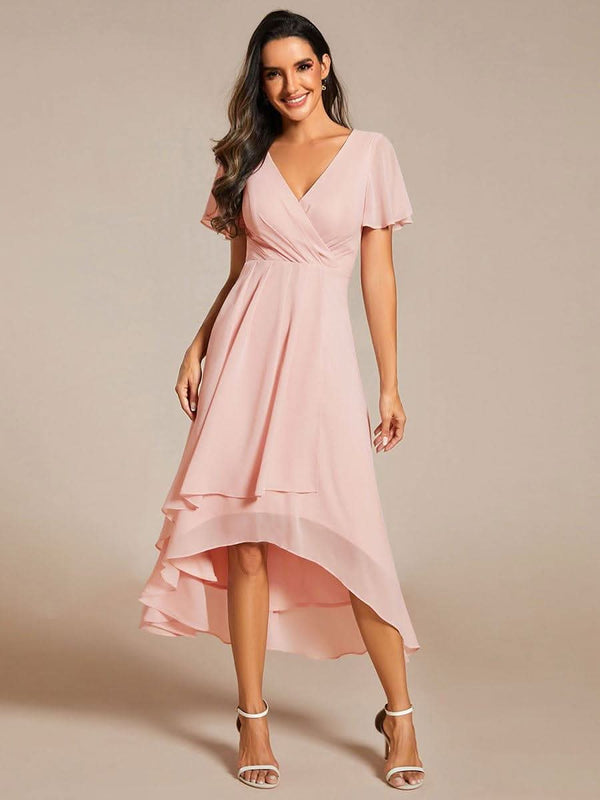 ever LARK|Pleated Chiffon Ruffles Sleeve Midi Evening Dress