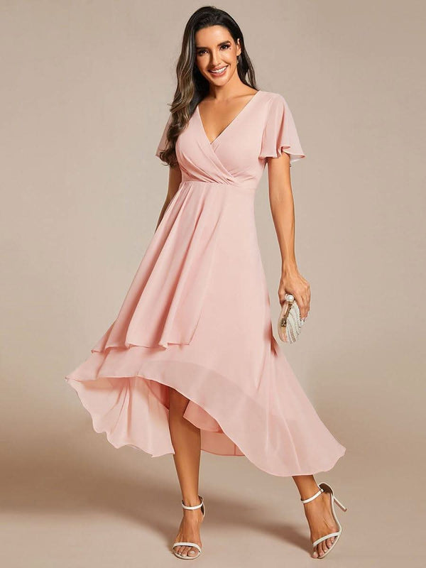 ever LARK|Pleated Chiffon Ruffles Sleeve Midi Evening Dress