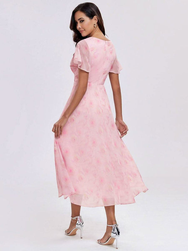 ever LARK|Pleated Chiffon Ruffles Sleeve Midi Bridesmaid Dress