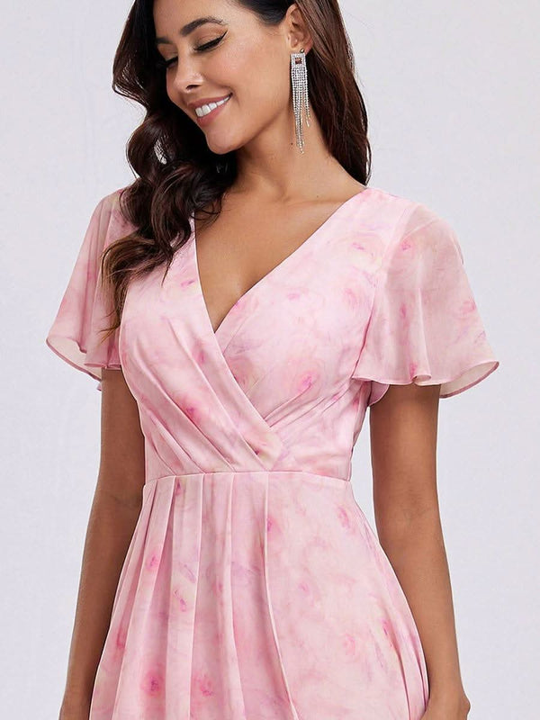 ever LARK|Pleated Chiffon Ruffles Sleeve Midi Bridesmaid Dress