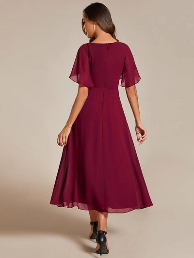 Short Sleeve V Neck Knee Length Mother of the Bride Dress #color_Burgundy
