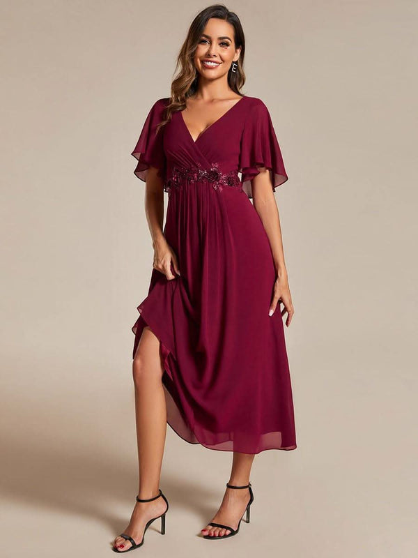 ever DAHLIA|Short Sleeve V Neck Knee Length Mother of the Bride Dress