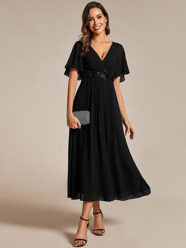 ever DAHLIA|Short Sleeve V Neck Knee Length Mother of the Bride Dress