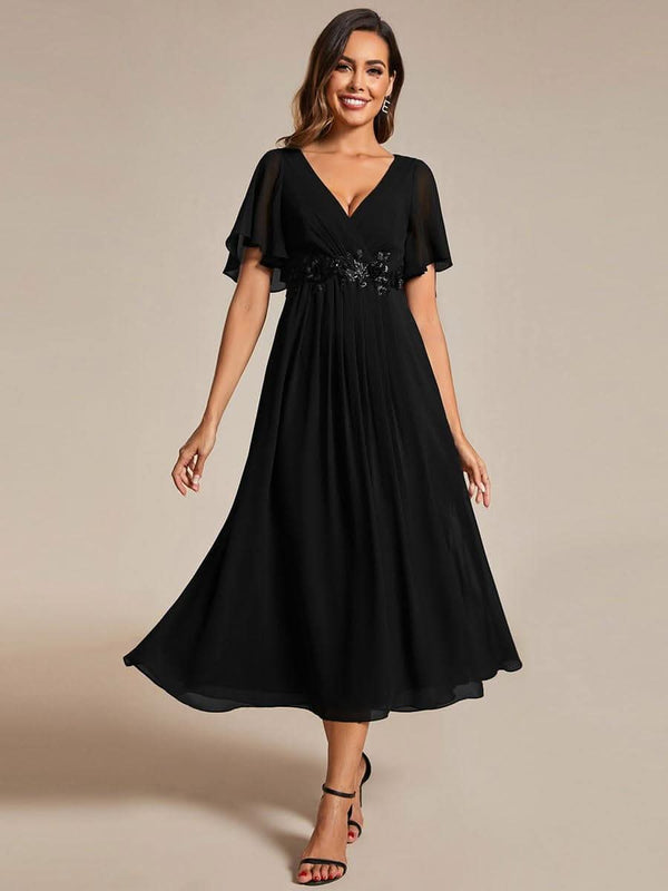 ever DAHLIA|Short Sleeve V Neck Knee Length Mother of the Bride Dress