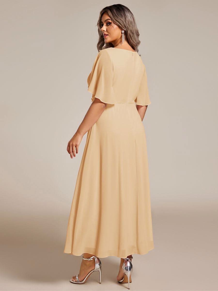 Short Sleeves V-Neck Tea Length Wedding Guest Dress with Floral Applique #color_Champagne