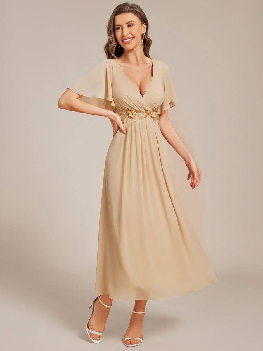 Short Sleeves V-Neck Tea Length Wedding Guest Dress with Floral Applique #color_Champagne