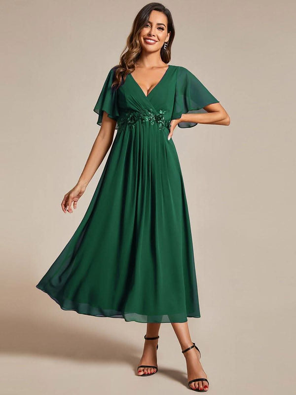 ever DAHLIA|Short Sleeve V Neck Knee Length Mother of the Bride Dress