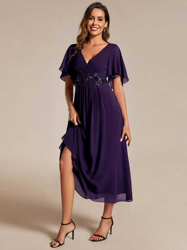 ever DAHLIA|Floral Applique Short Sleeve V-Neck Chiffon Bridesmaid Dress