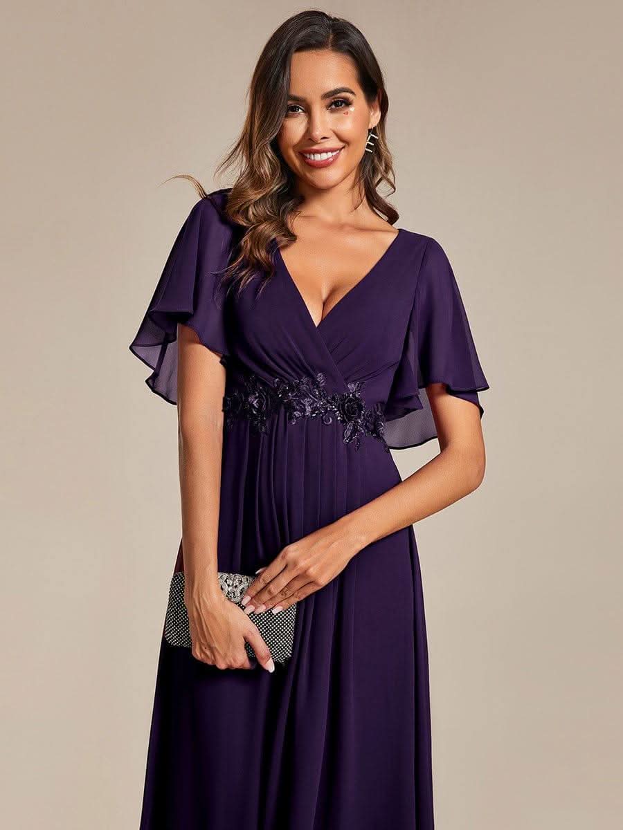 Short Sleeves V-Neck Tea Length Wedding Guest Dress with Floral Applique #color_Dark Purple