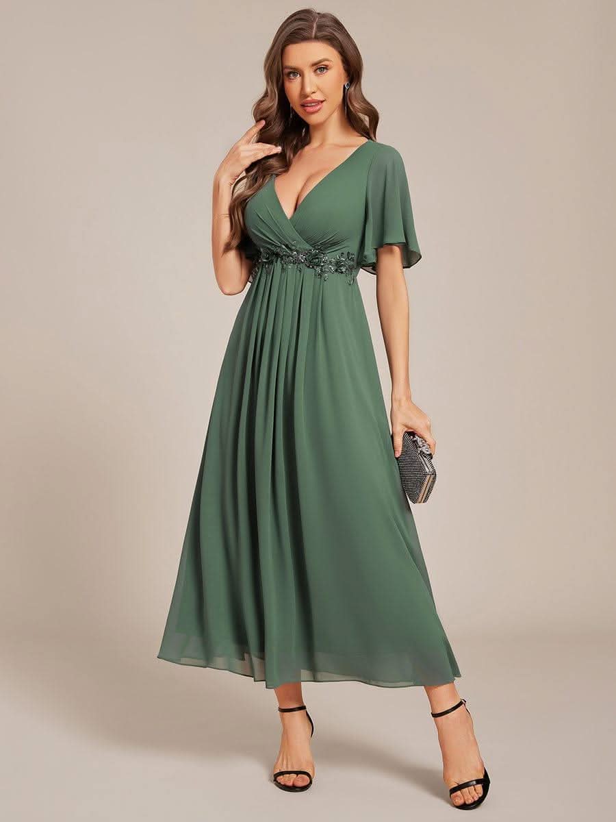 Short Sleeves V-Neck Tea Length Wedding Guest Dress with Floral Applique #color_Eucalyptus