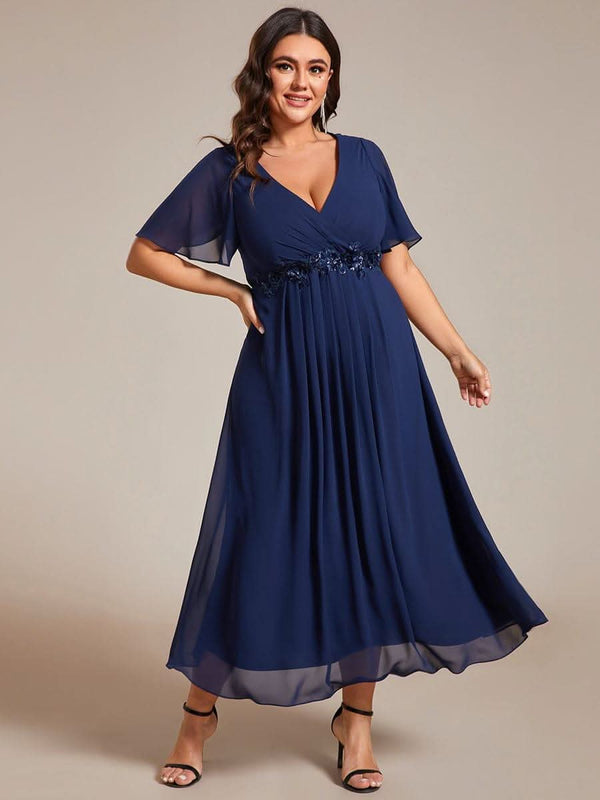 ever DAHLIA|Short Sleeve V Neck Knee Length Mother of the Bride Dress