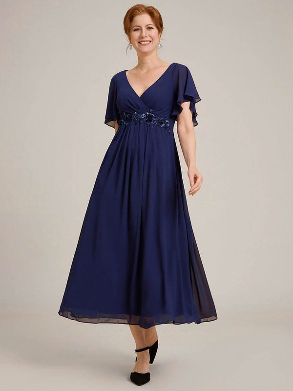 ever DAHLIA|Short Sleeve V Neck Knee Length Mother of the Bride Dress