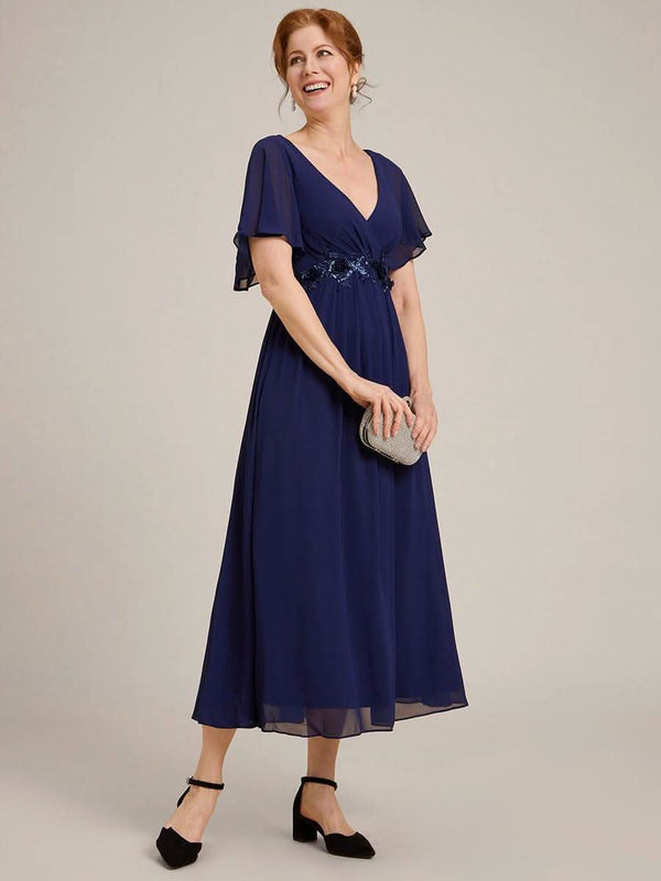 ever DAHLIA|Short Sleeve V Neck Knee Length Mother of the Bride Dress