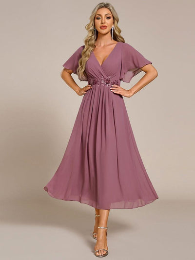 ever DAHLIA|Floral Applique Short Sleeve V-Neck Chiffon Bridesmaid Dress