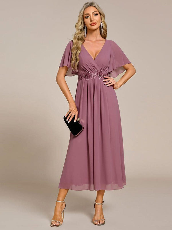 ever DAHLIA|Short Sleeve V Neck Knee Length Mother of the Bride Dress