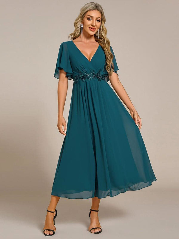 ever DAHLIA|Short Sleeve V Neck Knee Length Mother of the Bride Dress