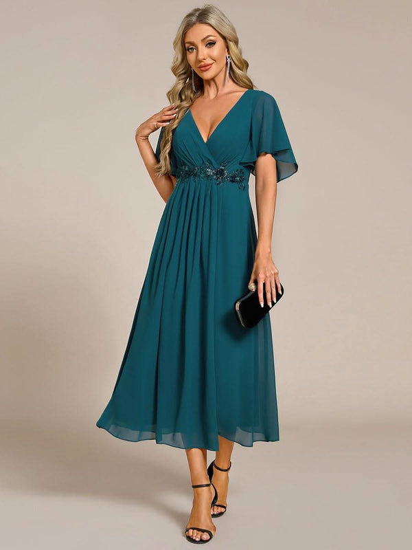 ever DAHLIA|Short Sleeve V Neck Knee Length Mother of the Bride Dress