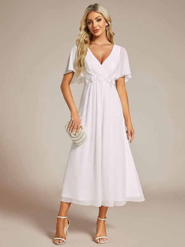 ever DAHLIA|Floral Applique Short Sleeve V-Neck Chiffon Bridesmaid Dress