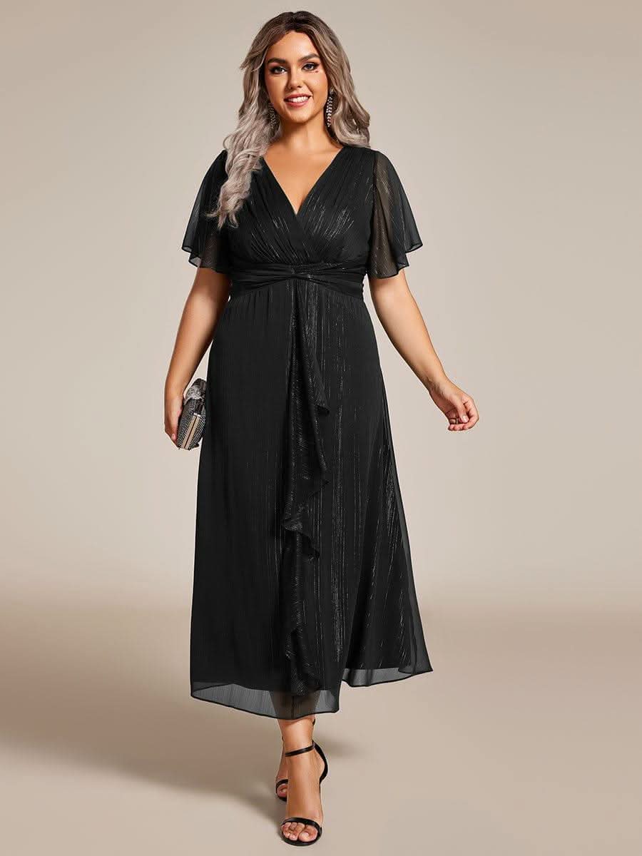 Glitter Twist Knot See-Through Long Sleeve Wedding Guest Dress #color_Black