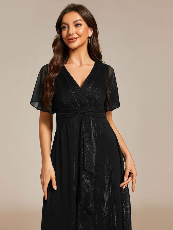 ever OPAHL|Silver Metallic Fabric V-Neck A-Line Evening Dress Featuring Delicate Ruffled Hem