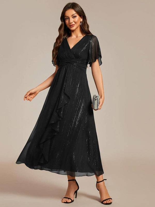 ever OPAHL|Silver Metallic Fabric V-Neck A-Line Evening Dress Featuring Delicate Ruffled Hem