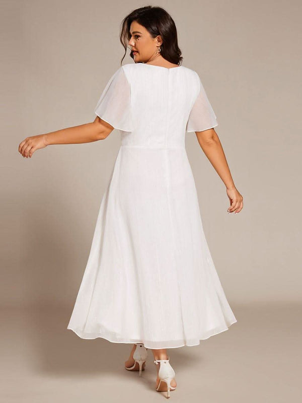 ever OPAHL|Silver Metallic Fabric V-Neck A-Line Evening Dress Featuring Delicate Ruffled Hem