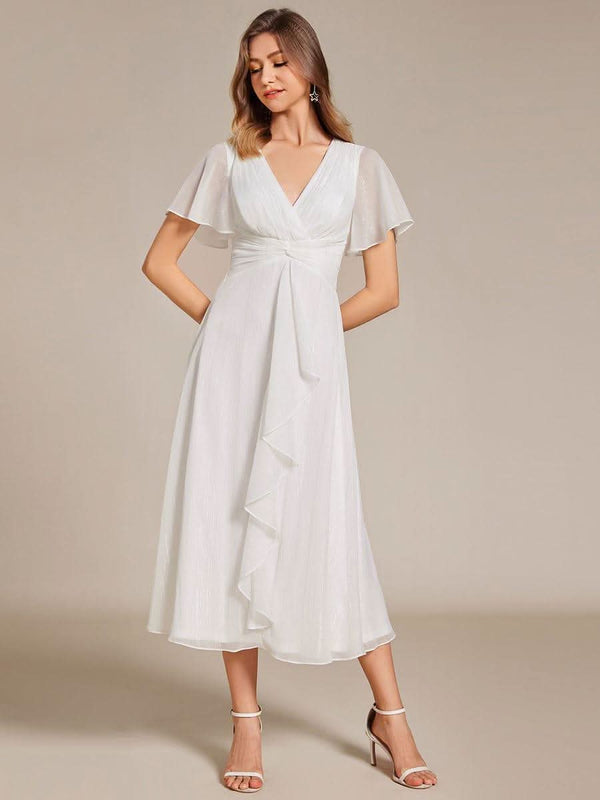 ever OPAHL|Silver Metallic Fabric V-Neck A-Line Evening Dress Featuring Delicate Ruffled Hem