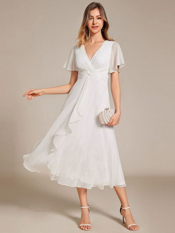 ever OPAHL|Silver Metallic Fabric V-Neck A-Line Evening Dress Featuring Delicate Ruffled Hem
