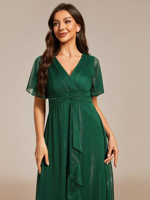ever OPAHL|Silver Metallic Fabric V-Neck A-Line Evening Dress Featuring Delicate Ruffled Hem