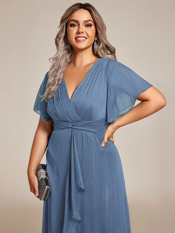 ever OPAHL|Silver Metallic Fabric V-Neck A-Line Evening Dress Featuring Delicate Ruffled Hem