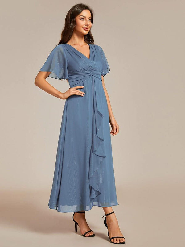 ever OPAHL|Silver Metallic Fabric V-Neck A-Line Evening Dress Featuring Delicate Ruffled Hem