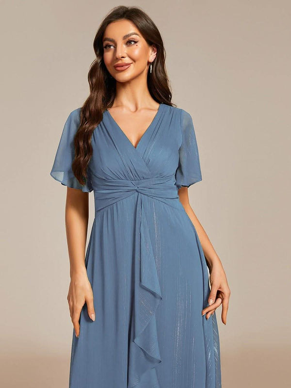ever OPAHL|Silver Metallic Fabric V-Neck A-Line Evening Dress Featuring Delicate Ruffled Hem