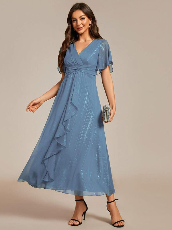 ever OPAHL|Silver Metallic Fabric V-Neck A-Line Evening Dress Featuring Delicate Ruffled Hem