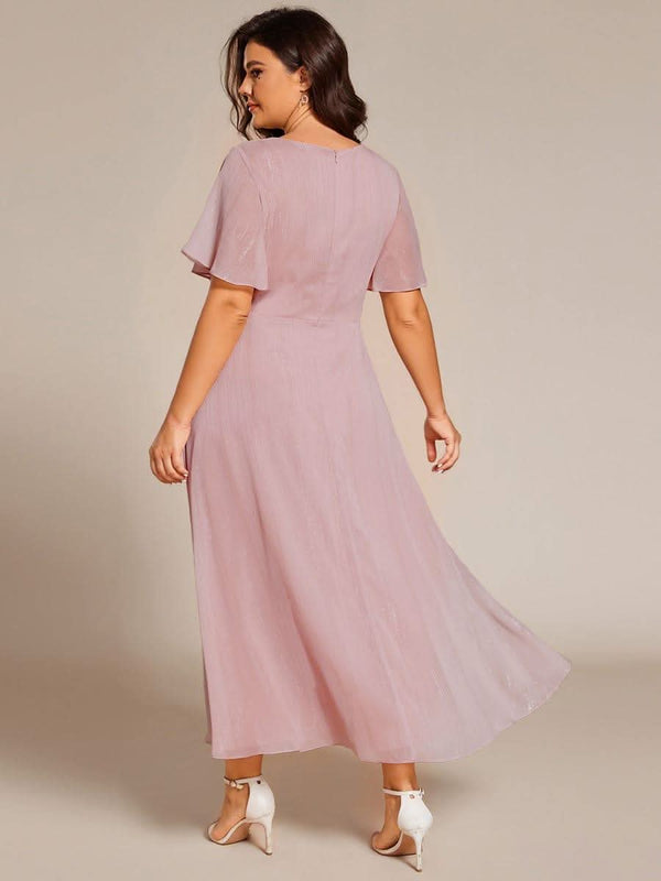 ever OPAHL|Silver Metallic Fabric V-Neck A-Line Evening Dress Featuring Delicate Ruffled Hem