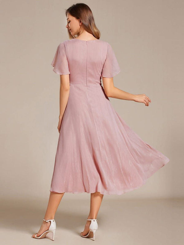 ever OPAHL|Silver Metallic Fabric V-Neck A-Line Evening Dress Featuring Delicate Ruffled Hem