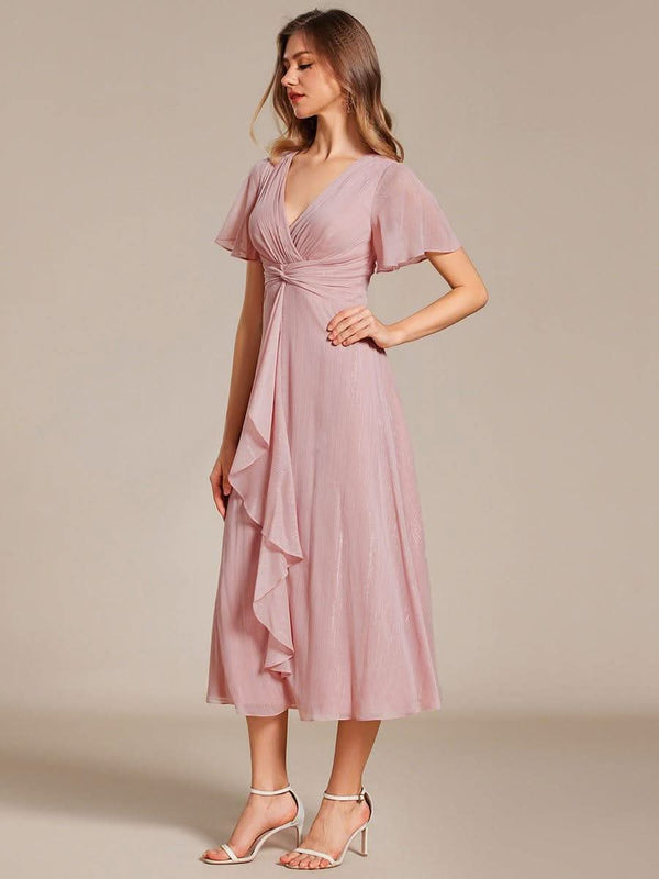 ever OPAHL|Silver Metallic Fabric V-Neck A-Line Evening Dress Featuring Delicate Ruffled Hem