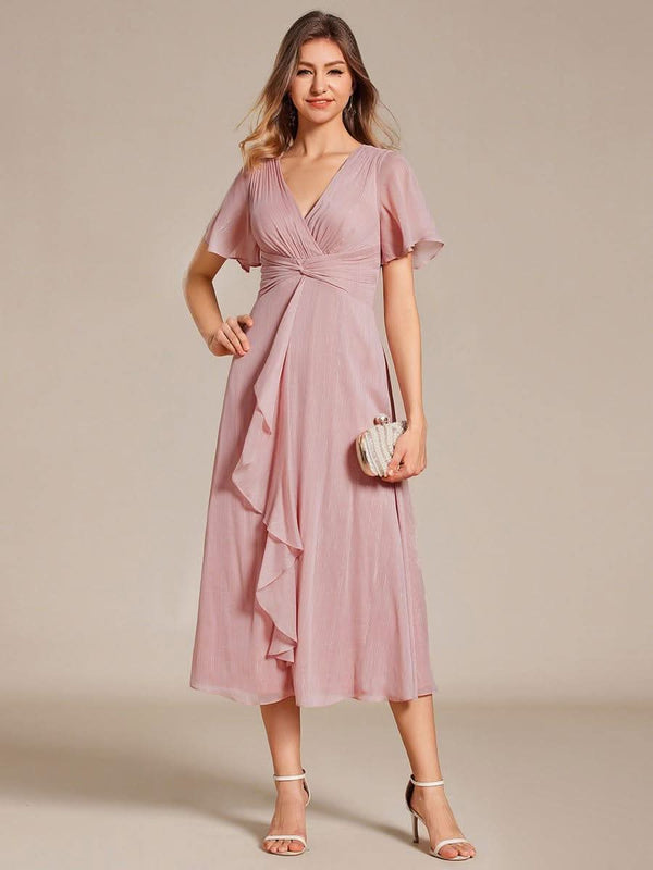 ever OPAHL|Silver Metallic Fabric V-Neck A-Line Evening Dress Featuring Delicate Ruffled Hem