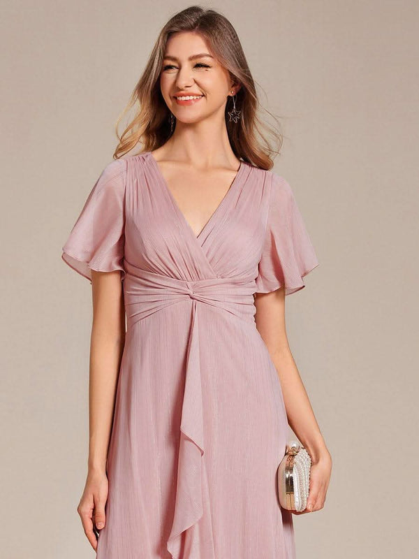 ever OPAHL|Silver Metallic Fabric V-Neck A-Line Evening Dress Featuring Delicate Ruffled Hem