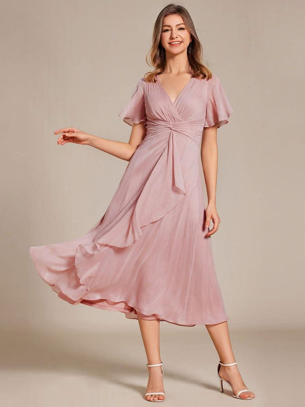 ever OPAHL|Silver Metallic Fabric V-Neck A-Line Evening Dress Featuring Delicate Ruffled Hem