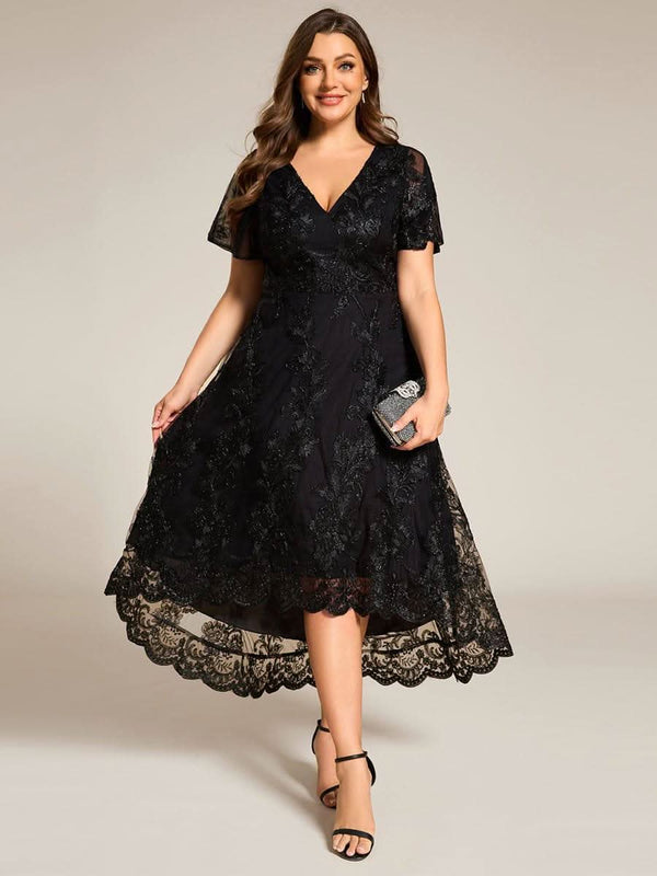 ever TIDAL|Embroidered Mesh Double V Neck Midi Mother of the Bride Dress