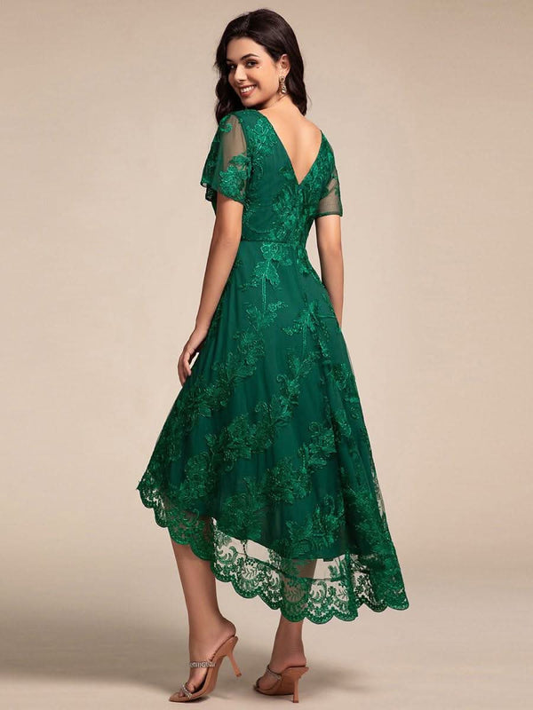 ever TIDAL|Embroidered Mesh Double V Neck Midi Mother of the Bride Dress