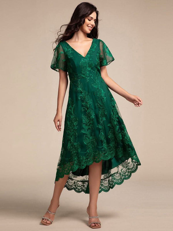 ever TIDAL|Embroidered Mesh Double V Neck Midi Mother of the Bride Dress