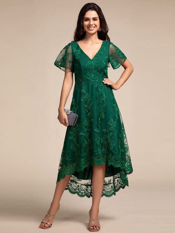 ever TIDAL|Embroidered Mesh Double V Neck Midi Mother of the Bride Dress