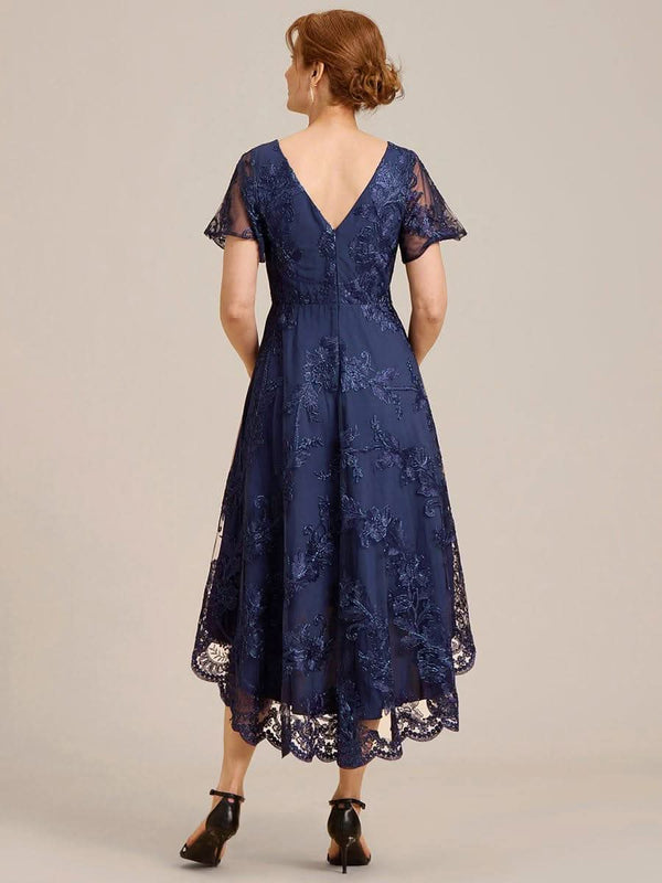ever TIDAL|Embroidered Mesh Double V Neck Midi Mother of the Bride Dress