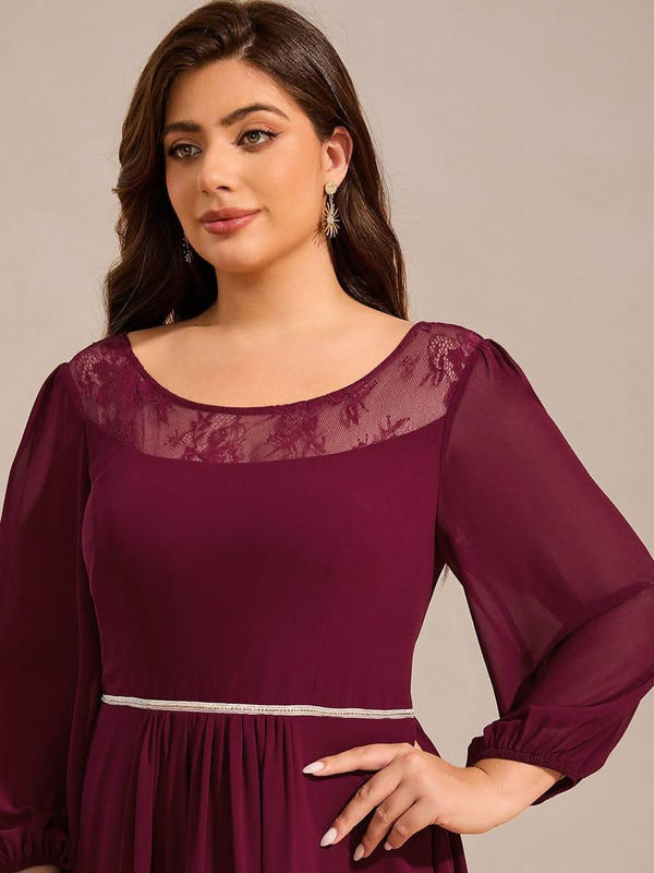 ever AMYRA|Long Sleeve Waist Chain Round Neckline Midi Chiffon Wedding Guest Dress