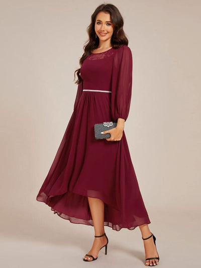 ever AMYRA|Long Sleeve Waist Chain Round Neckline Midi Chiffon Wedding Guest Dress